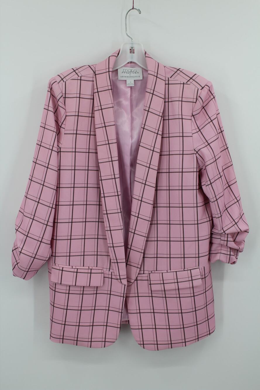 Mare Mare x Anthropologie Blazer Womens Small Pink Plaid Cinch Sleeve Boyfriend